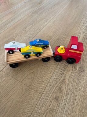 Wooden Red Toy Truck with Blue, Yellow and White Race Cars